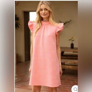 Voy Pink Chiffon Textured Knit Shift Dress Ruffle Sleeve Women’s Size Large